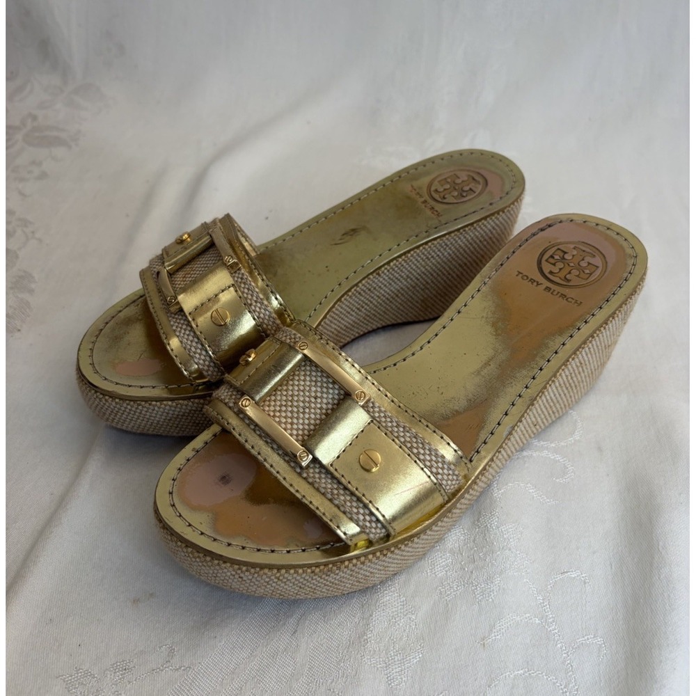 Tory Burch Platforms Slides Wedge Sandals Metallic Gold Leather Womens Size 7M